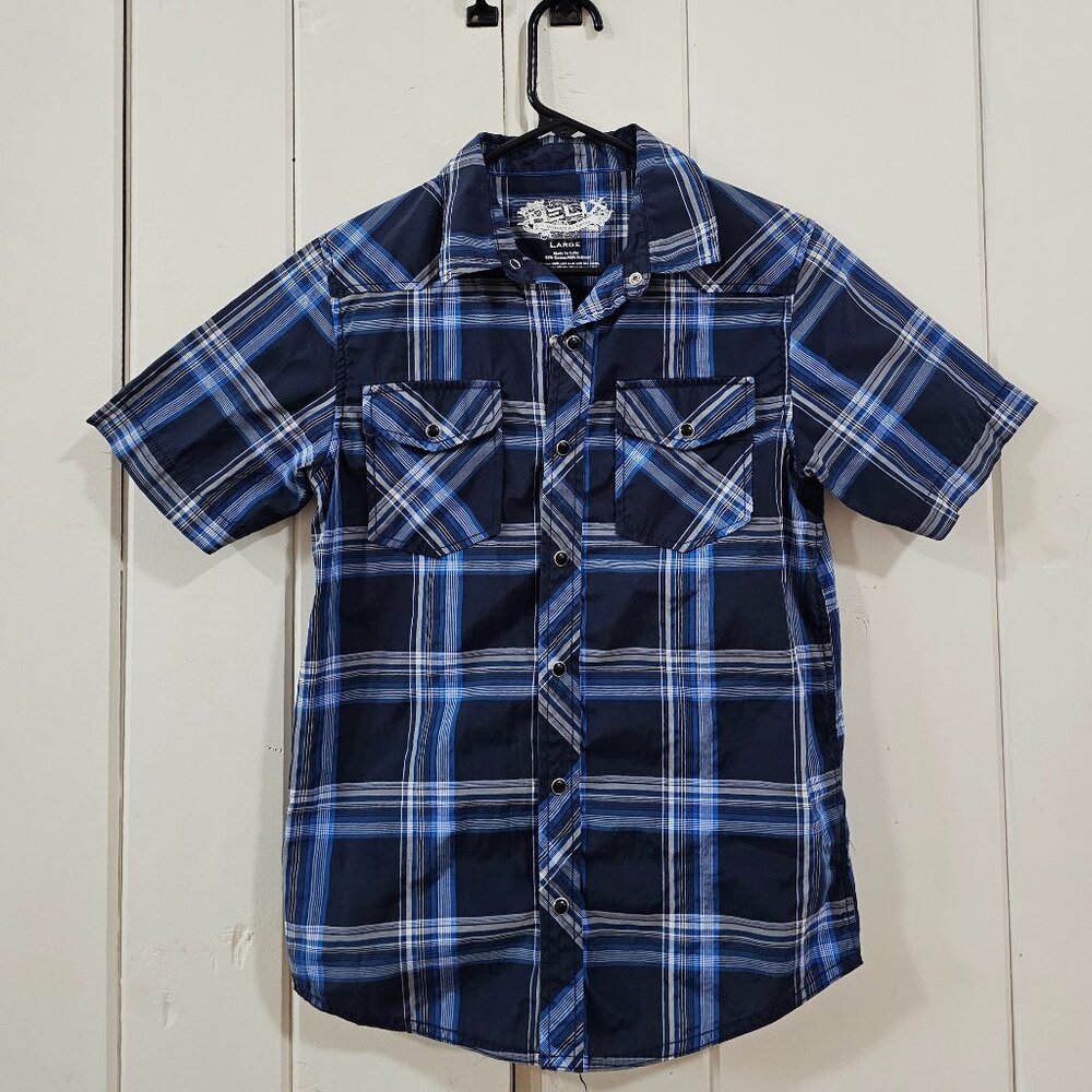 Helix Boys Button Up Plaid Blue Shirt Size Large